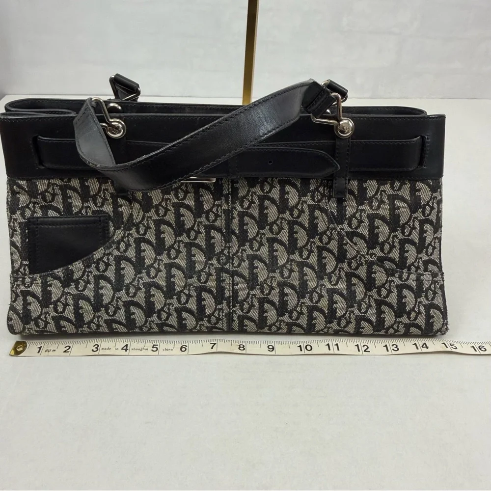 Christian Dior Trotter Canvas Logo Tote Bag Black Leather Trim‎ Vintage